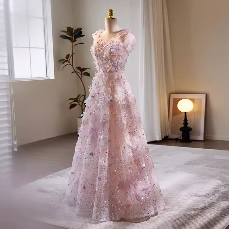 Modest A line Straps Tulle Long Pink Prom Dress