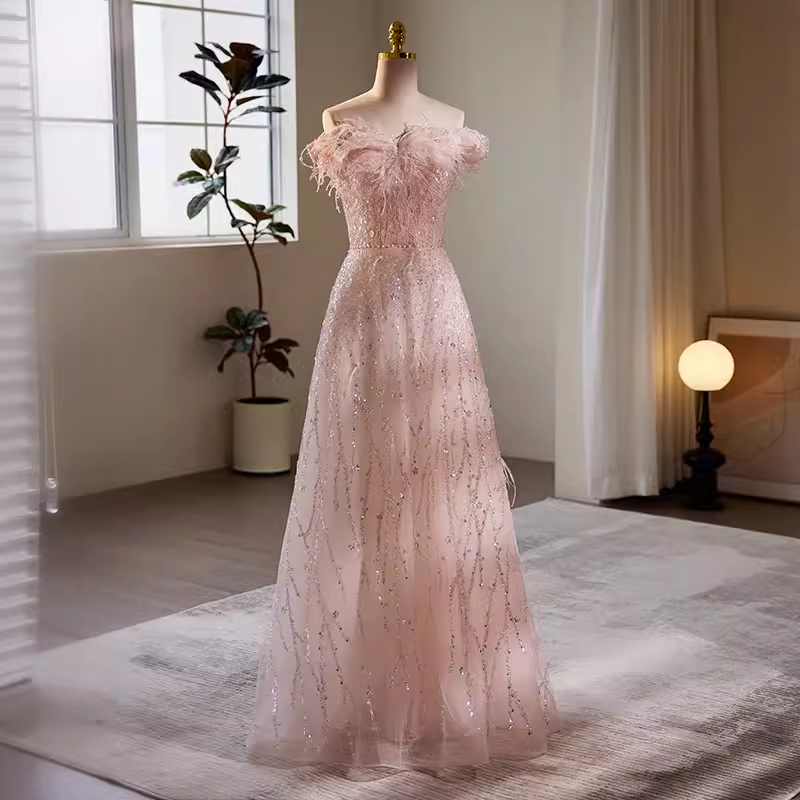 Modest A line Off The Shoulder Tulle Long Pink Prom Dress