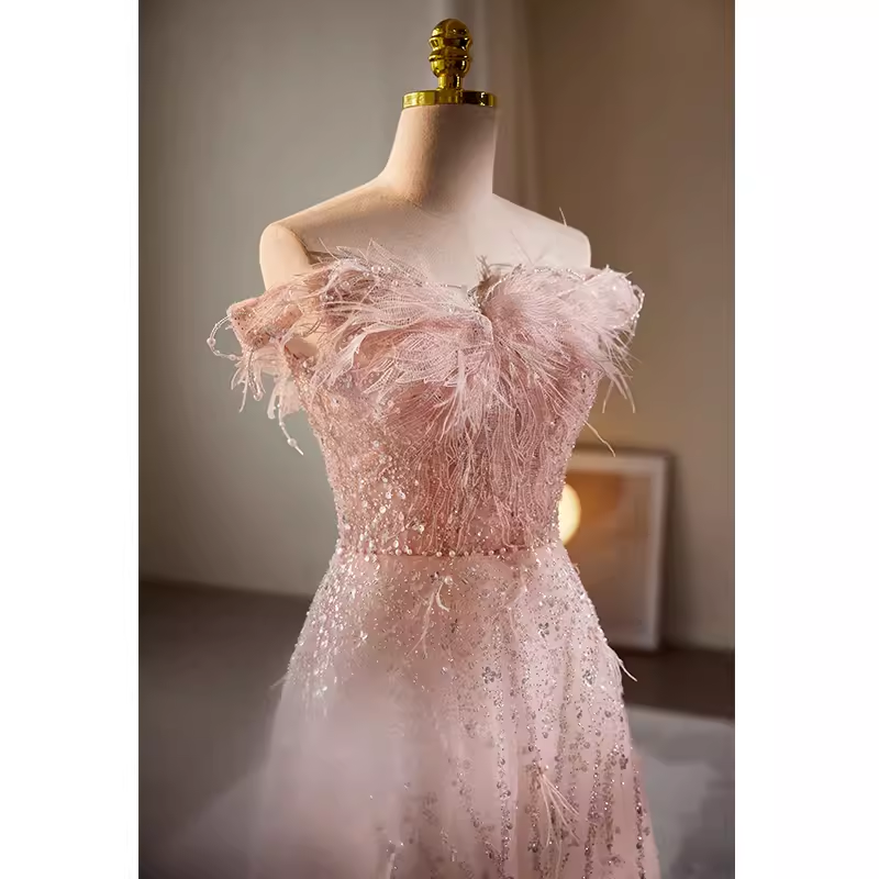 Modest A line Off The Shoulder Tulle Long Pink Prom Dress