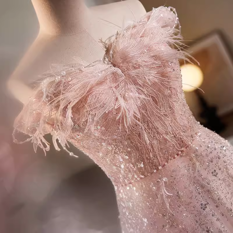 Modest A line Off The Shoulder Tulle Long Pink Prom Dress