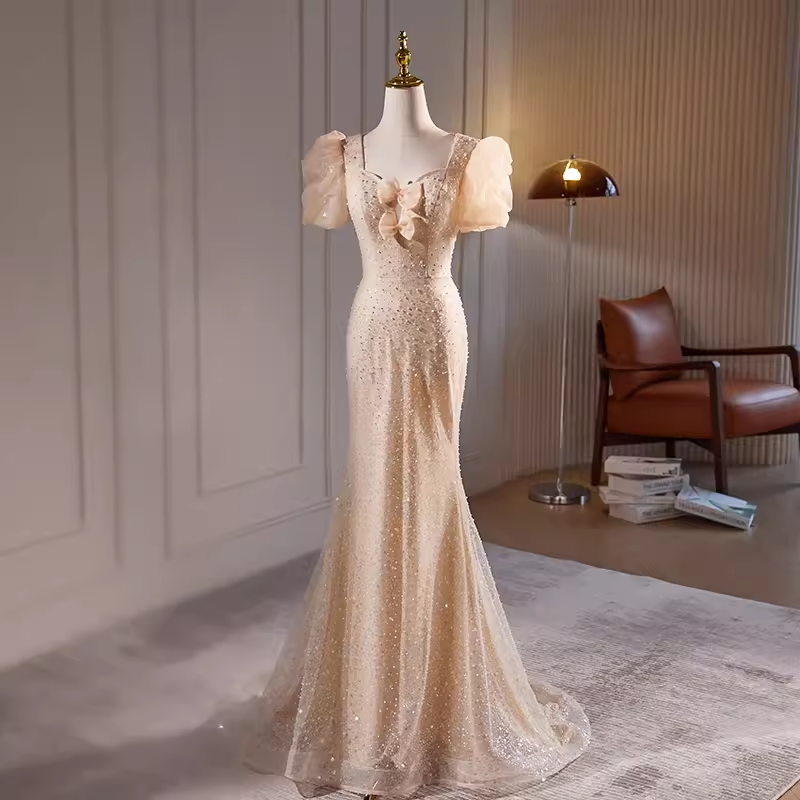 Sparkly Mermaid Champagne Sequin Long Prom Dress