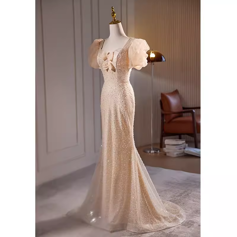 Sparkly Mermaid Champagne Sequin Long Prom Dress