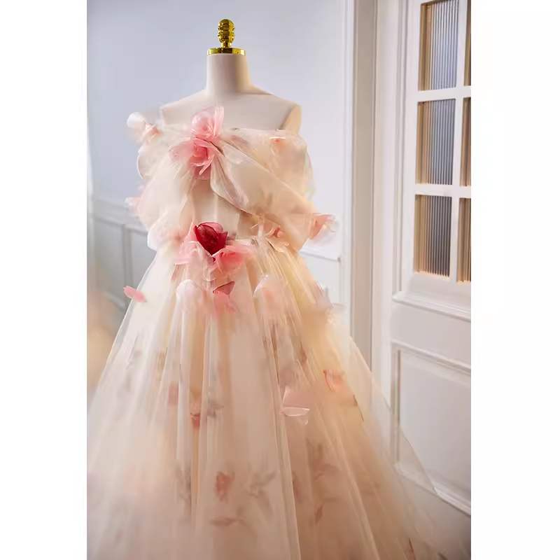 Princess Ball Gown Strapless Tulle Long Prom Dress