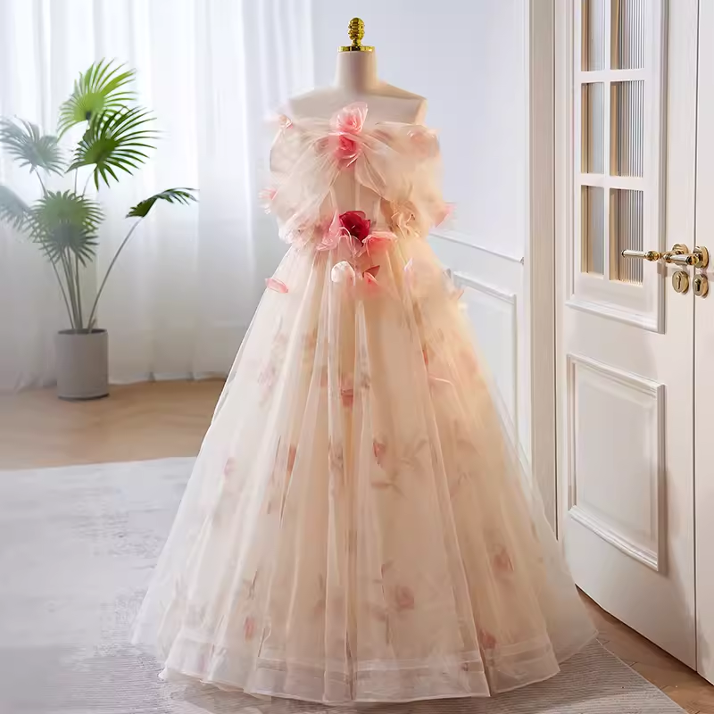 Princess Ball Gown Strapless Tulle Long Prom Dress