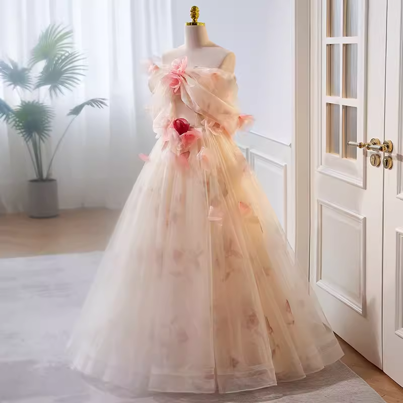 Princess Ball Gown Strapless Tulle Long Prom Dress