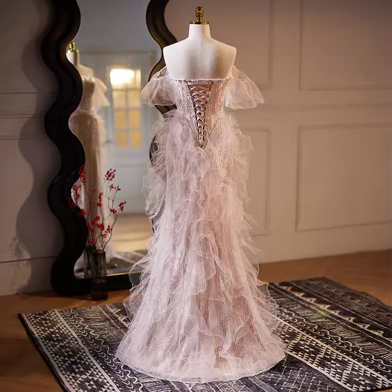 Luxury Mermaid Strapless Tulle Pearls Long Pink Prom Dress
