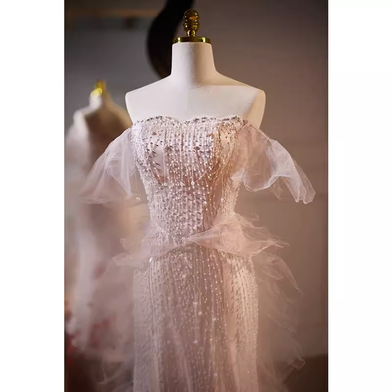 Luxury Mermaid Strapless Tulle Pearls Long Pink Prom Dress