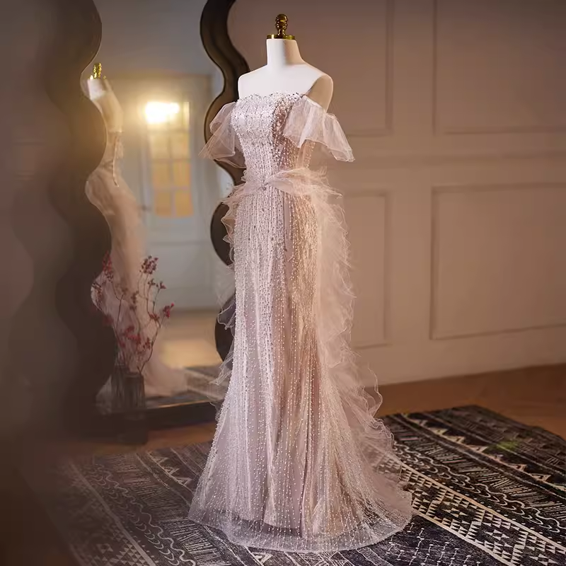 Luxury Mermaid Strapless Tulle Pearls Long Pink Prom Dress