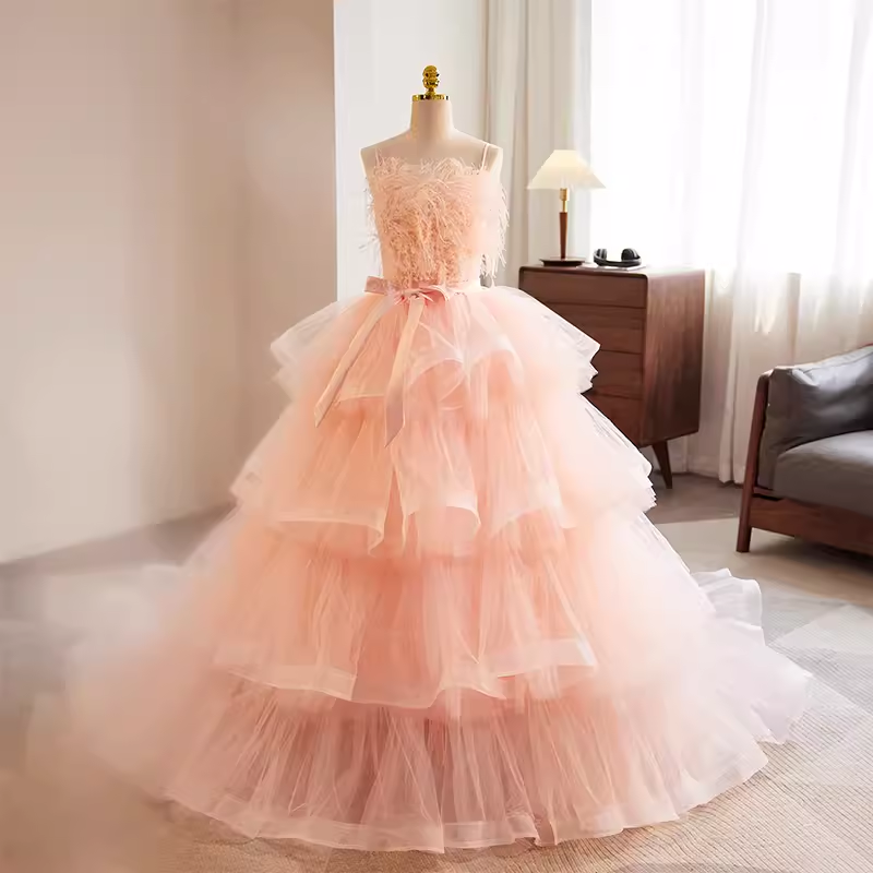 Vintage Ball Gown Straps Tulle Pink Sweet 16 Dresses