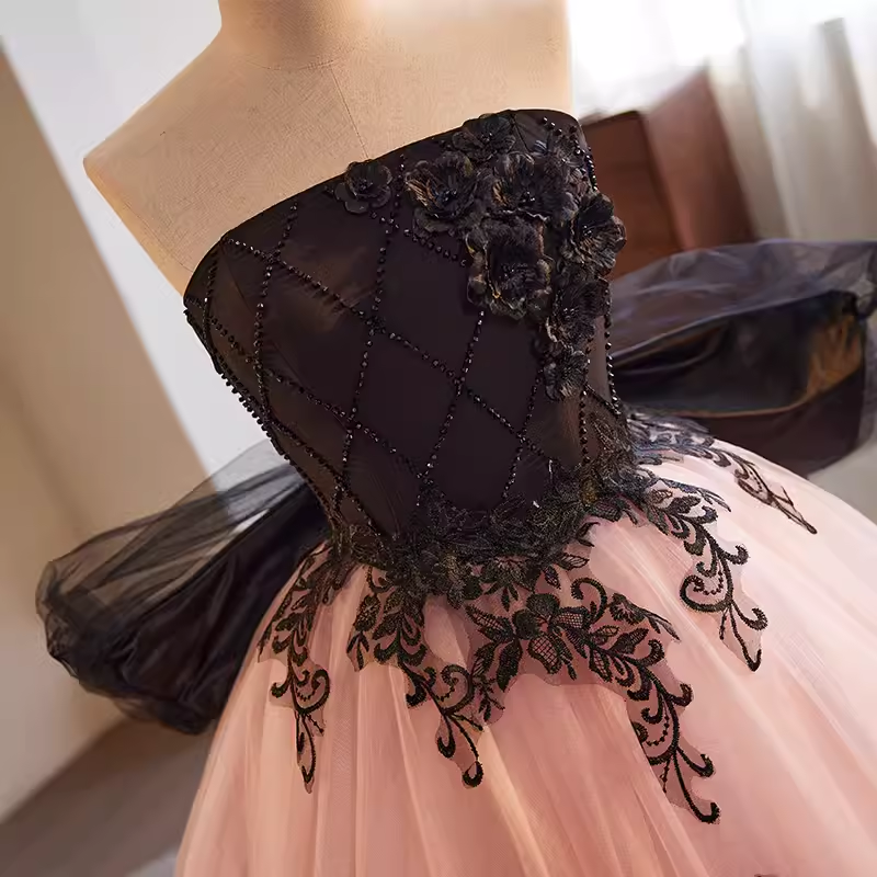 Vintage Ball Gown Strapless Tulle White Pink Sweet 16 Dresses
