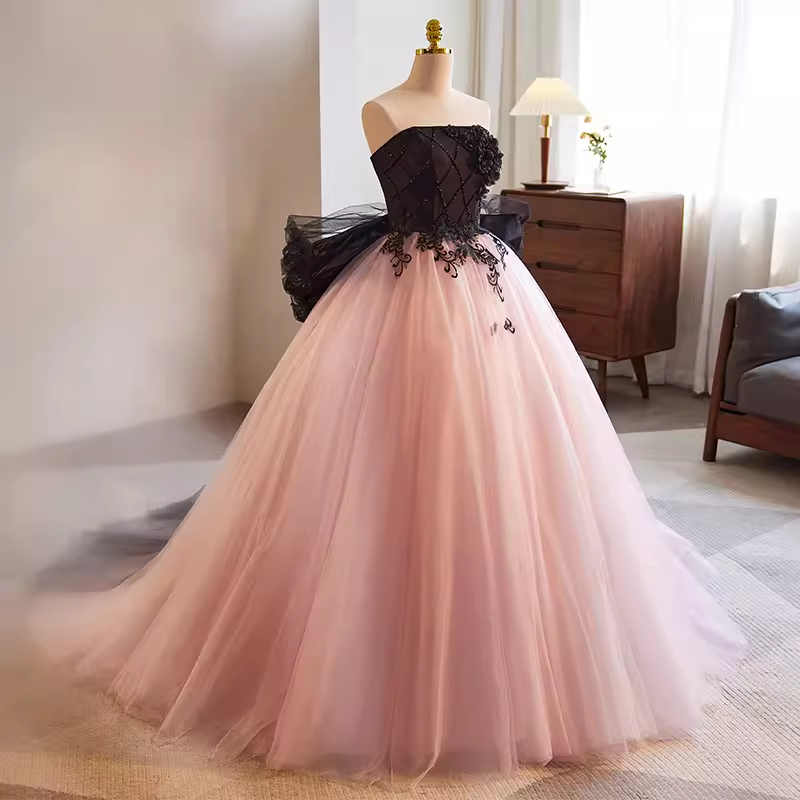 Vintage Ball Gown Strapless Tulle White Pink Sweet 16 Dresses