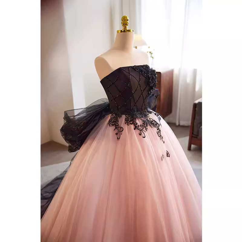 Vintage Ball Gown Strapless Tulle White Pink Sweet 16 Dresses