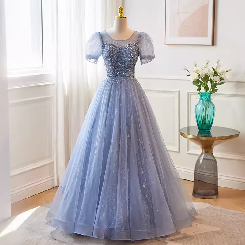 Luxury A line Scoop Tulle Long Blue Prom Dress