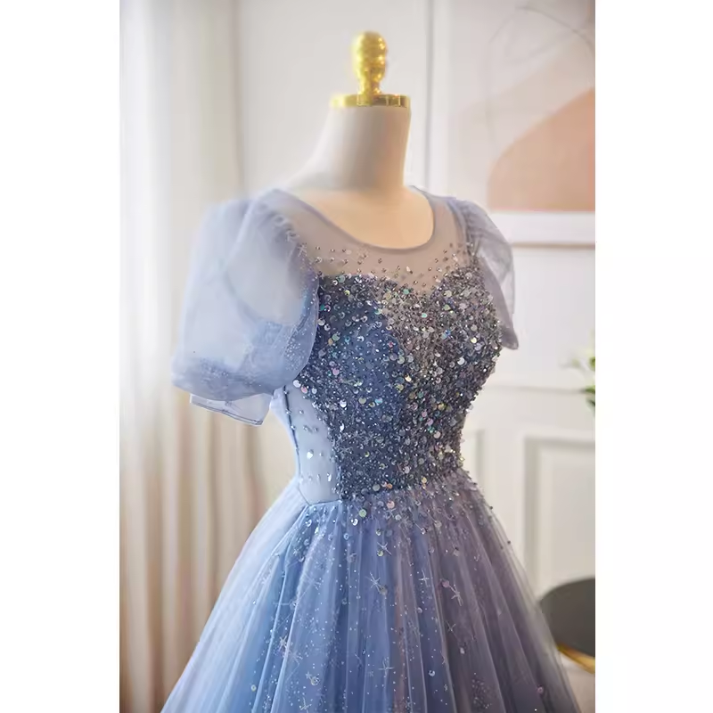 Luxury A line Scoop Tulle Long Blue Prom Dress