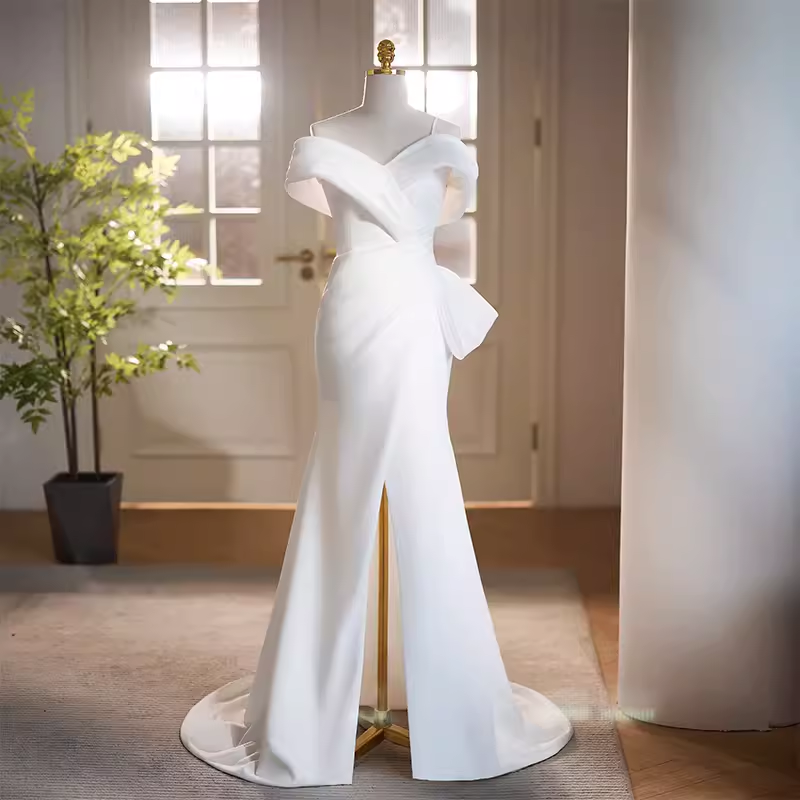 Vintage Mermaid Straps White Satin Long Wedding Dresses