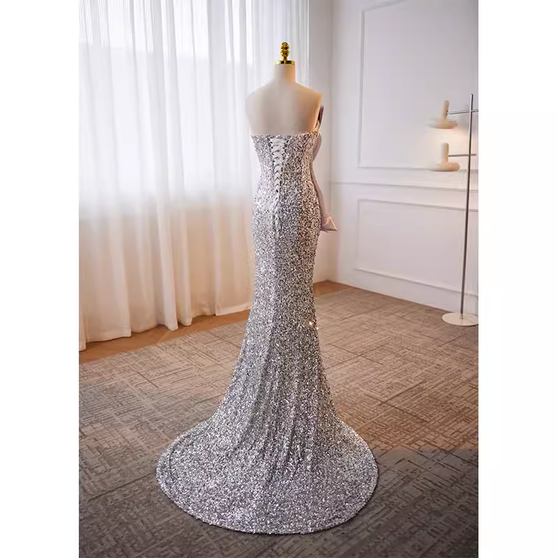 Luxury Mermaid Strapless Long Sequin Lilac Prom Dress