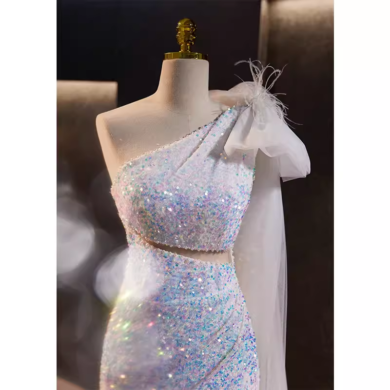 Luxury Mermaid One Shoulder Long Sequin White Prom Dress