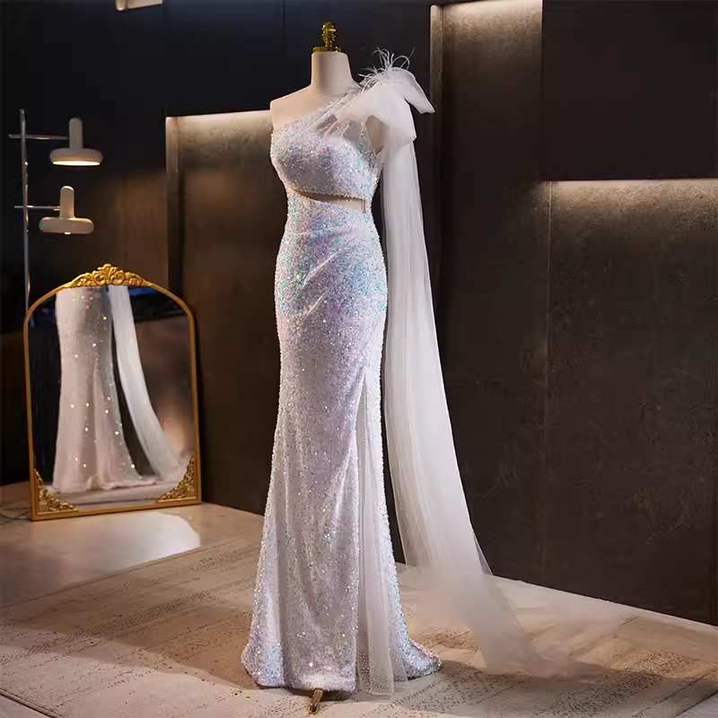 Luxury Mermaid One Shoulder Long Sequin White Prom Dress