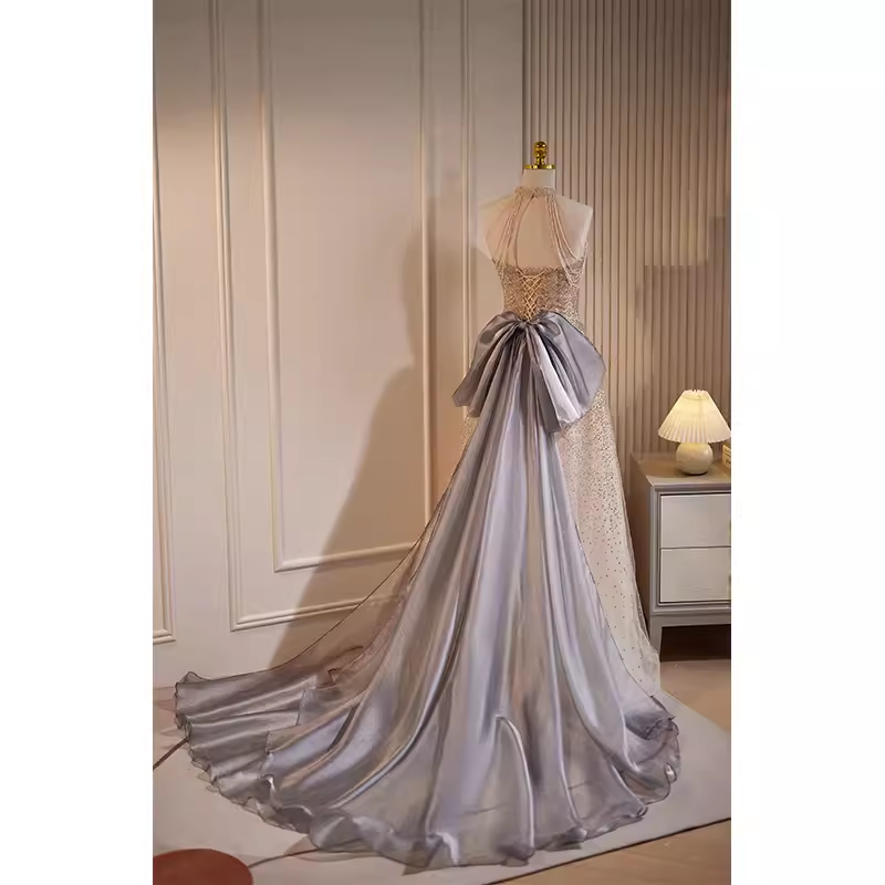 Luxury A line High Neckline Long Sequin Champagne Prom Dress