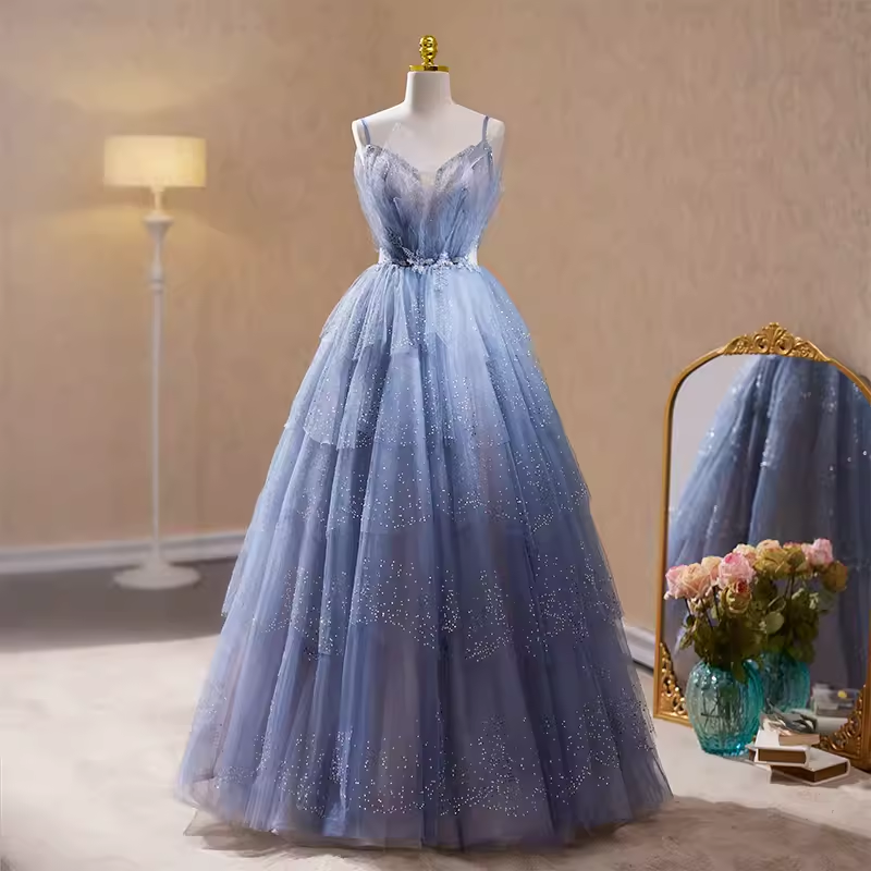 Luxury A line Straps Long Sequin Blue Prom Dress