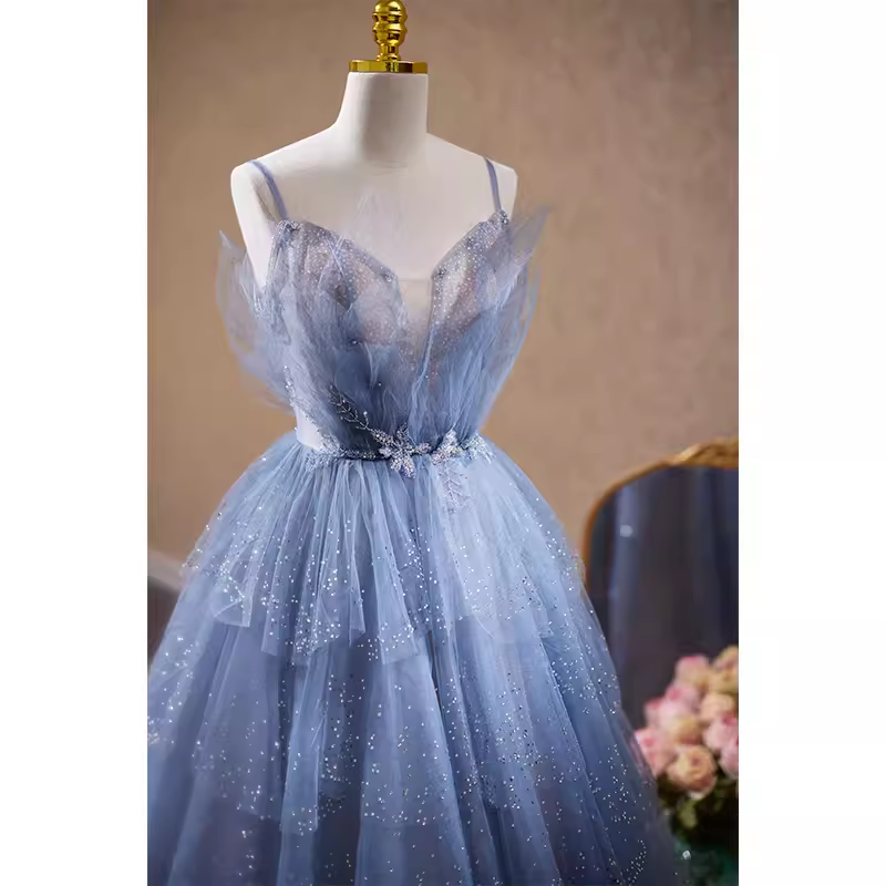 Luxury A line Straps Long Sequin Blue Prom Dress