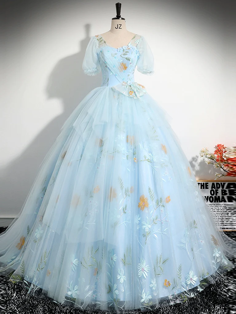 Vintage Ball Gown Blue Lace Long Sweet 16 Dress