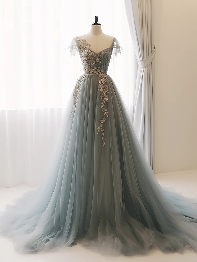 A-Line Sweetheart Neck Tulle Lace Gray Blue Long Prom Dress