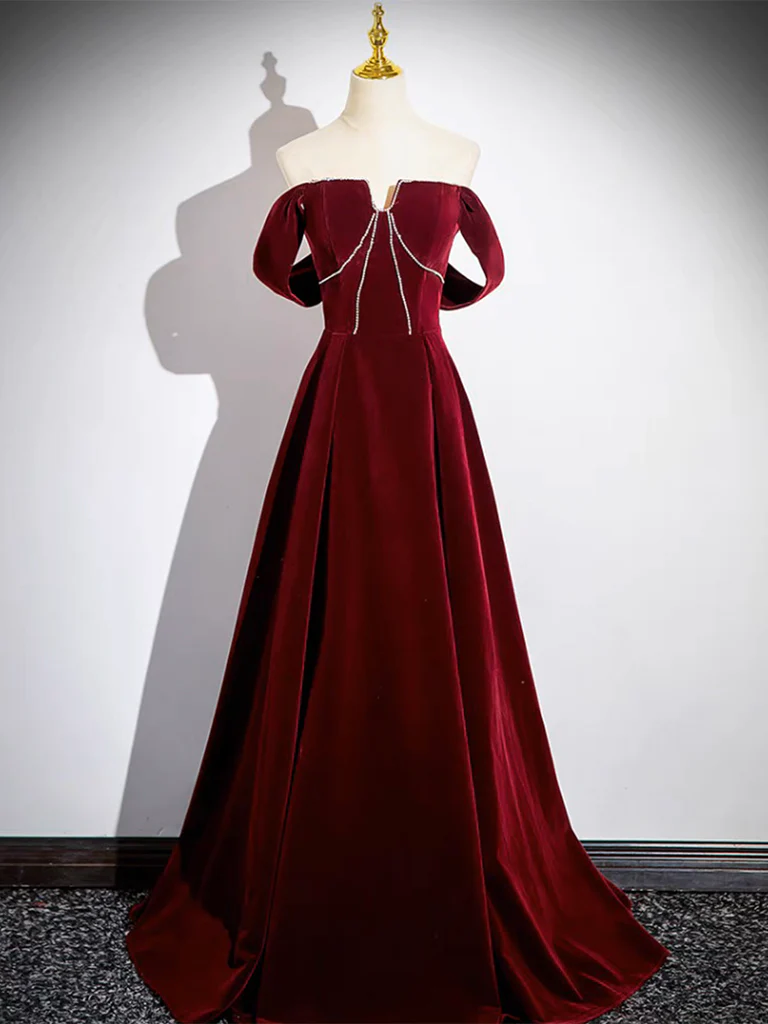 A-Line Velvet Burgundy Long Prom Dress