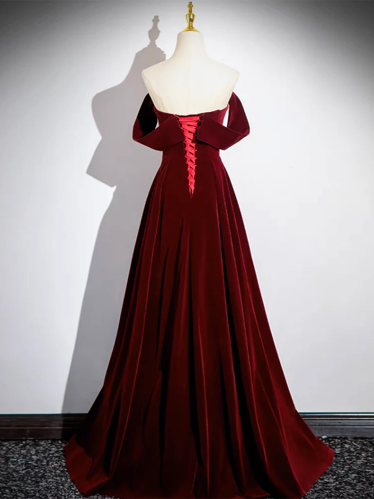 A-Line Velvet Burgundy Long Prom Dress