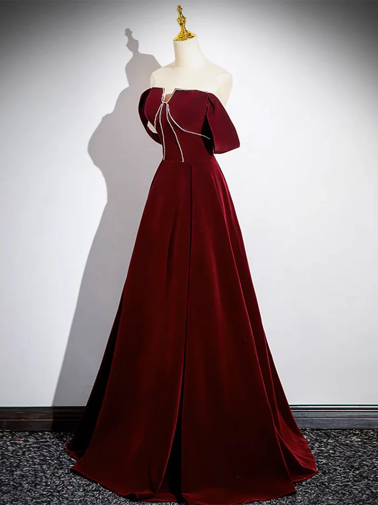 A-Line Velvet Burgundy Long Prom Dress