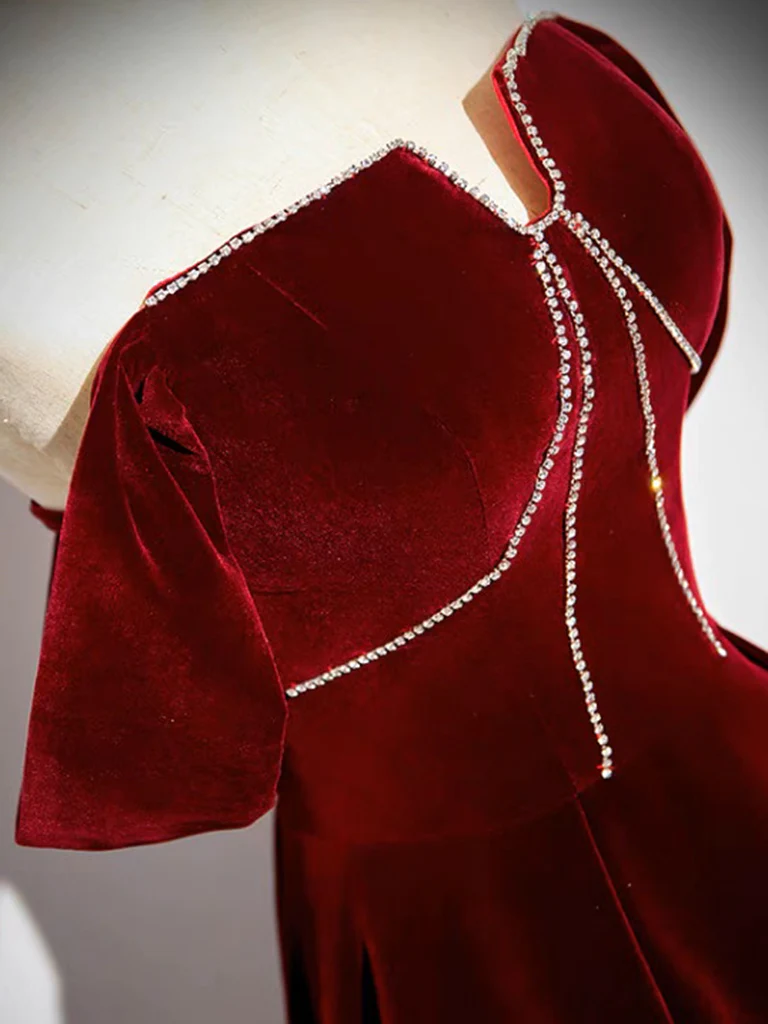 A-Line Velvet Burgundy Long Prom Dress