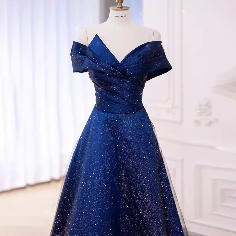 A-Line Off The Shoulder Royal Blue Sequin Long Prom Dress