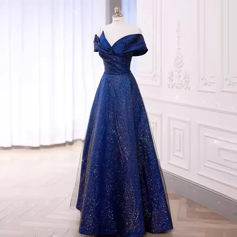 A-Line Off The Shoulder Royal Blue Sequin Long Prom Dress