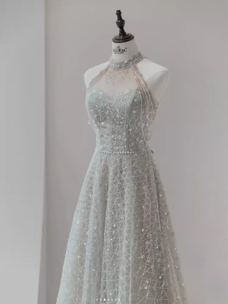 Sparkly A Line High Neckline Silver Sequin Long Prom Dress
