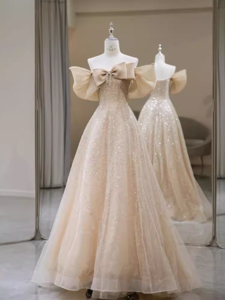Sparkly A Line Off The Shoulder Champagne Sequin Long Prom Dress