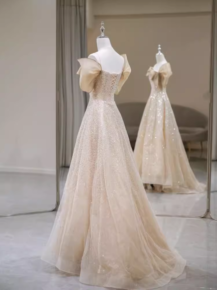 Sparkly A Line Off The Shoulder Champagne Sequin Long Prom Dress