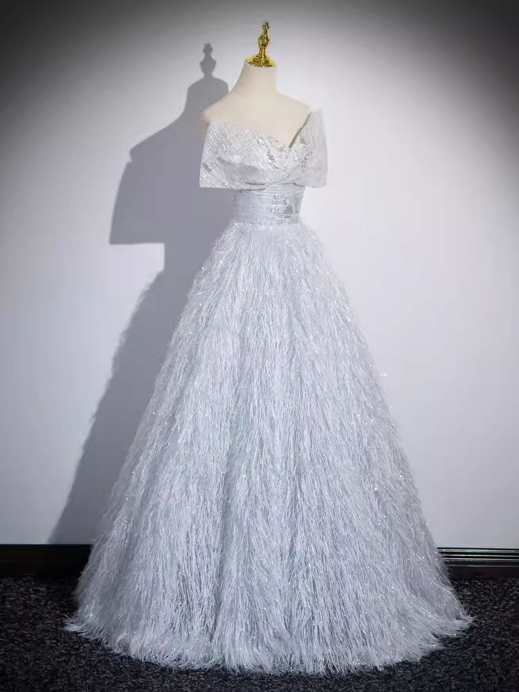 Sparkly A Line Off The Shoulder Silver Gray Feathers Long Prom Dress