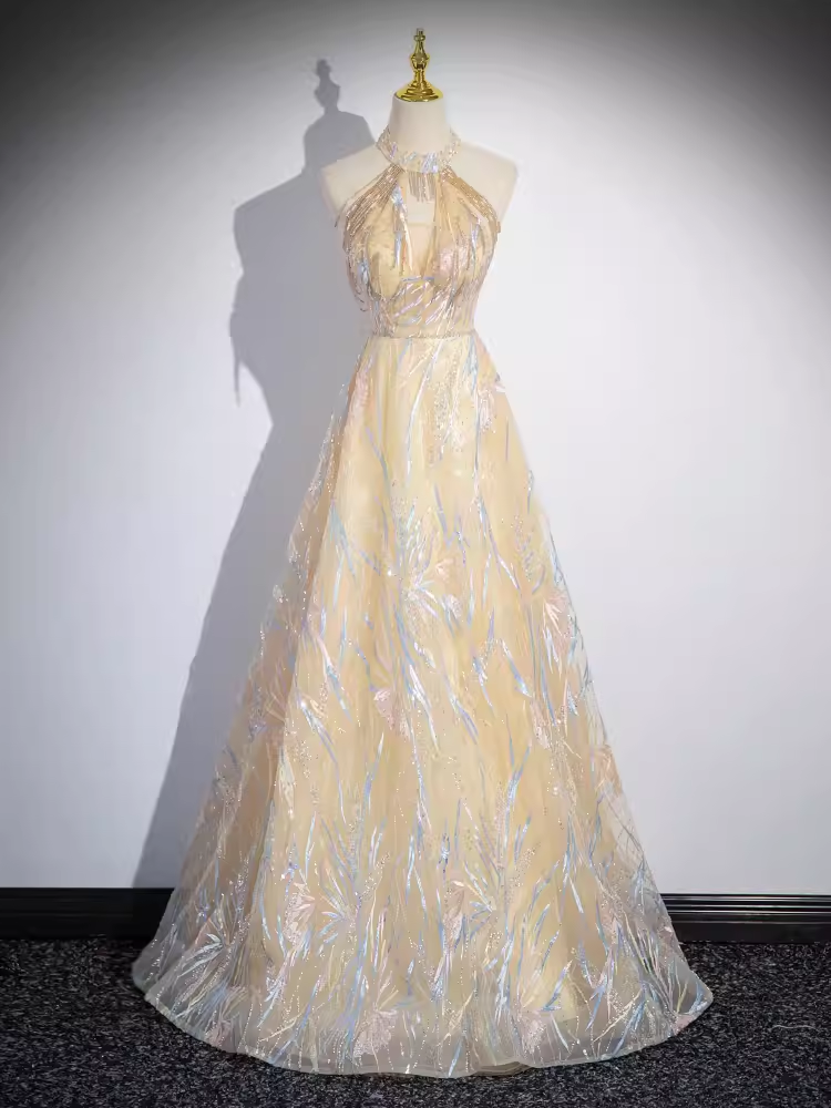 Sparkly A Line High Neckline Champagne Long Prom Dress