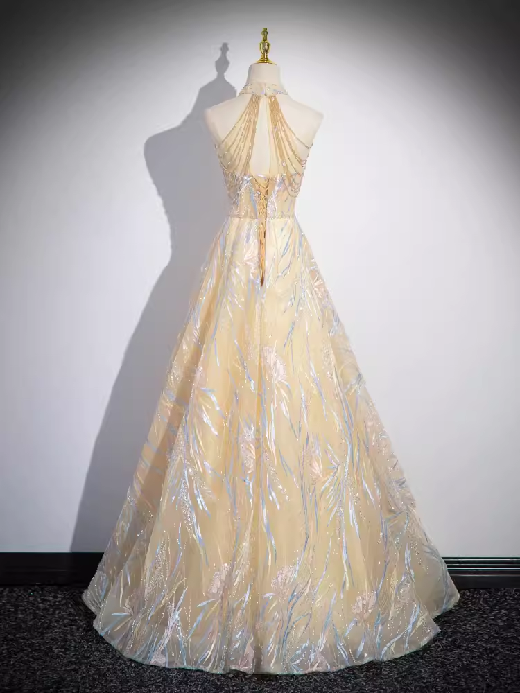 Sparkly A Line High Neckline Champagne Long Prom Dress