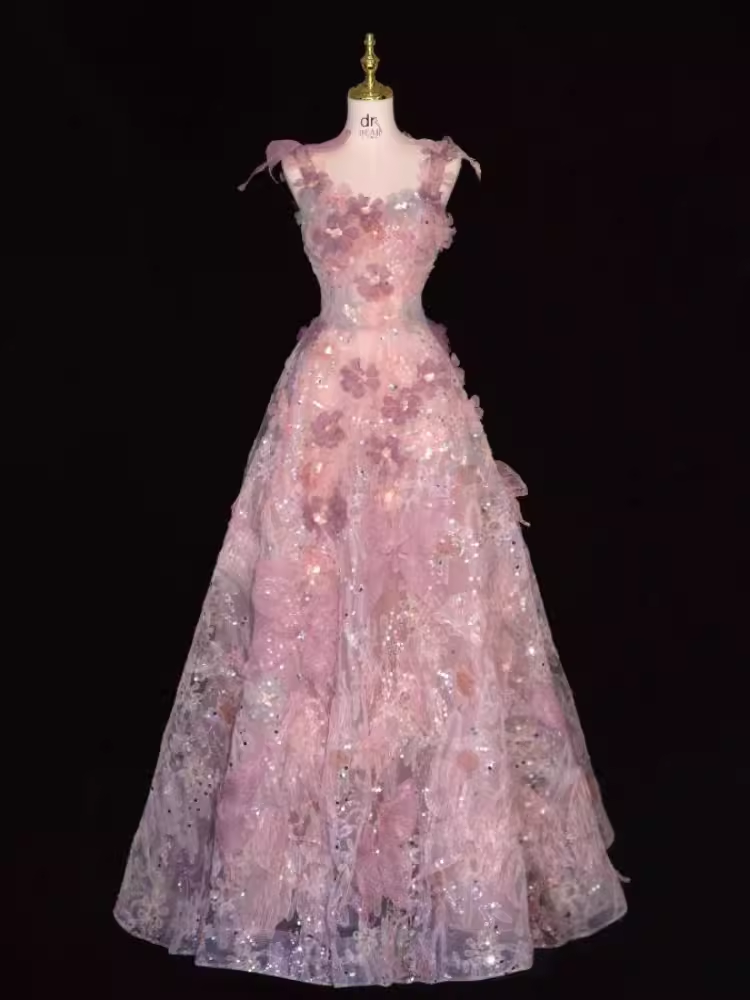 Sparkly A Line Straps Pink Floral Long Prom Dress