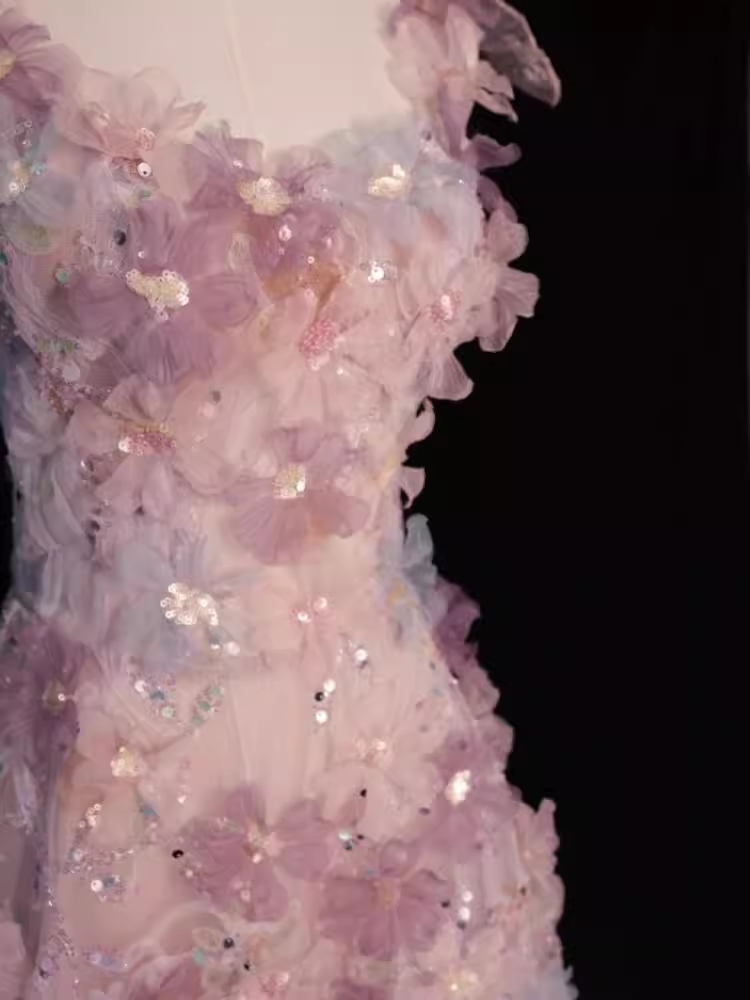 Sparkly A Line Straps Pink Floral Long Prom Dress