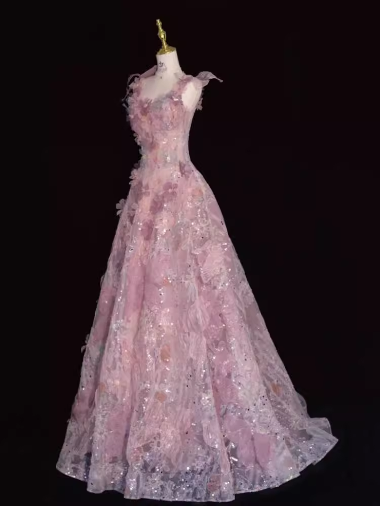Sparkly A Line Straps Pink Floral Long Prom Dress