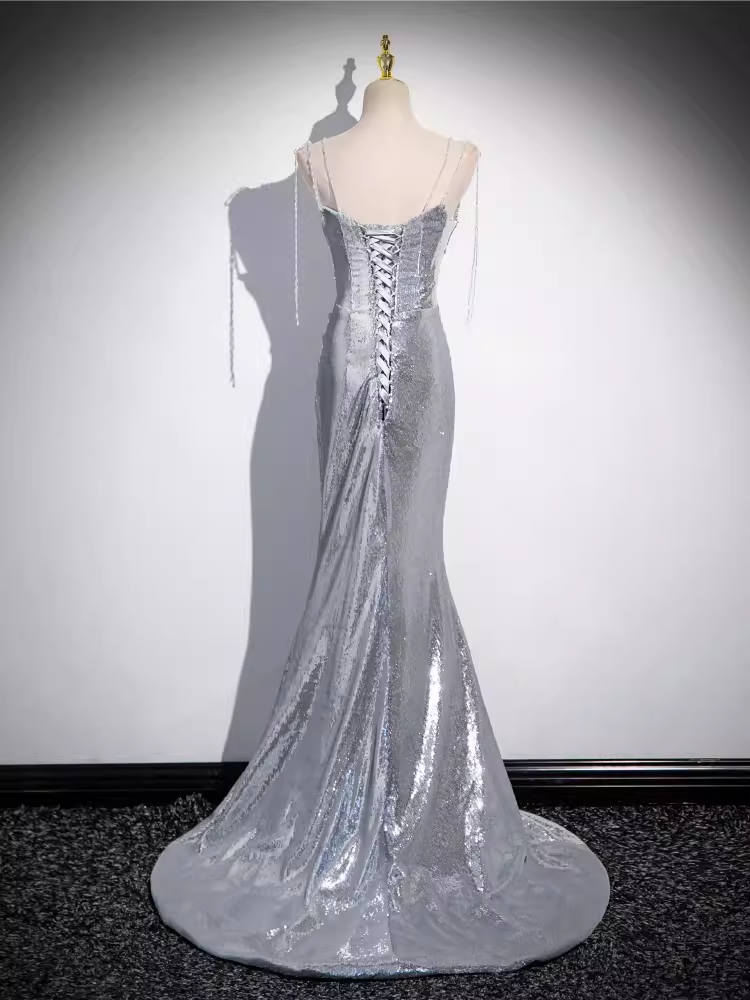 Mermaid Straps Silver Sequin Long Prom Dress