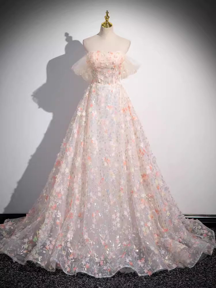 Beautiful A line Strapless Floral Long Prom Dress