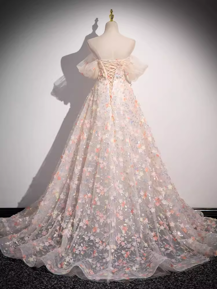 Beautiful A line Strapless Floral Long Prom Dress