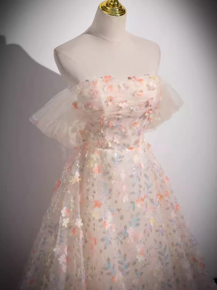 Beautiful A line Strapless Floral Long Prom Dress