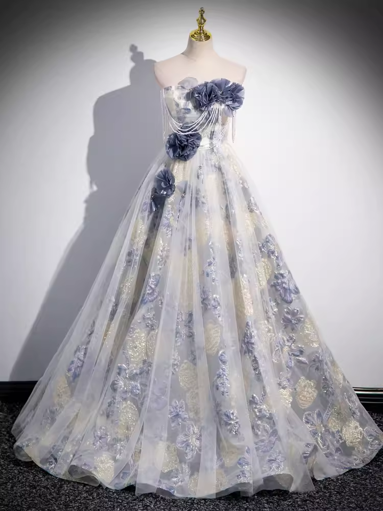 Beautiful A line Strapless Floral Blue Long Prom Dress