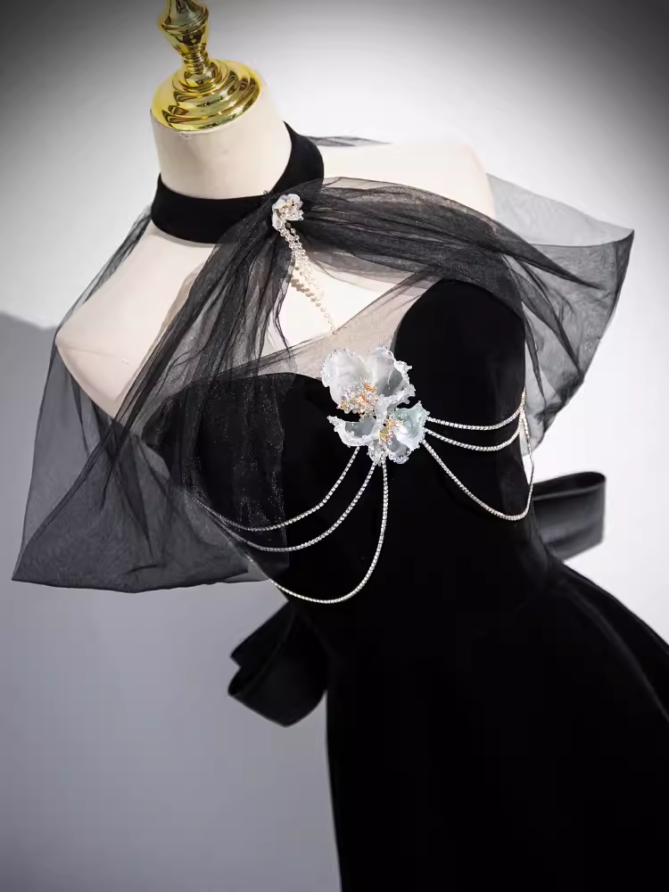 Simple A line High Neckline Velvet Black Long Prom Dress