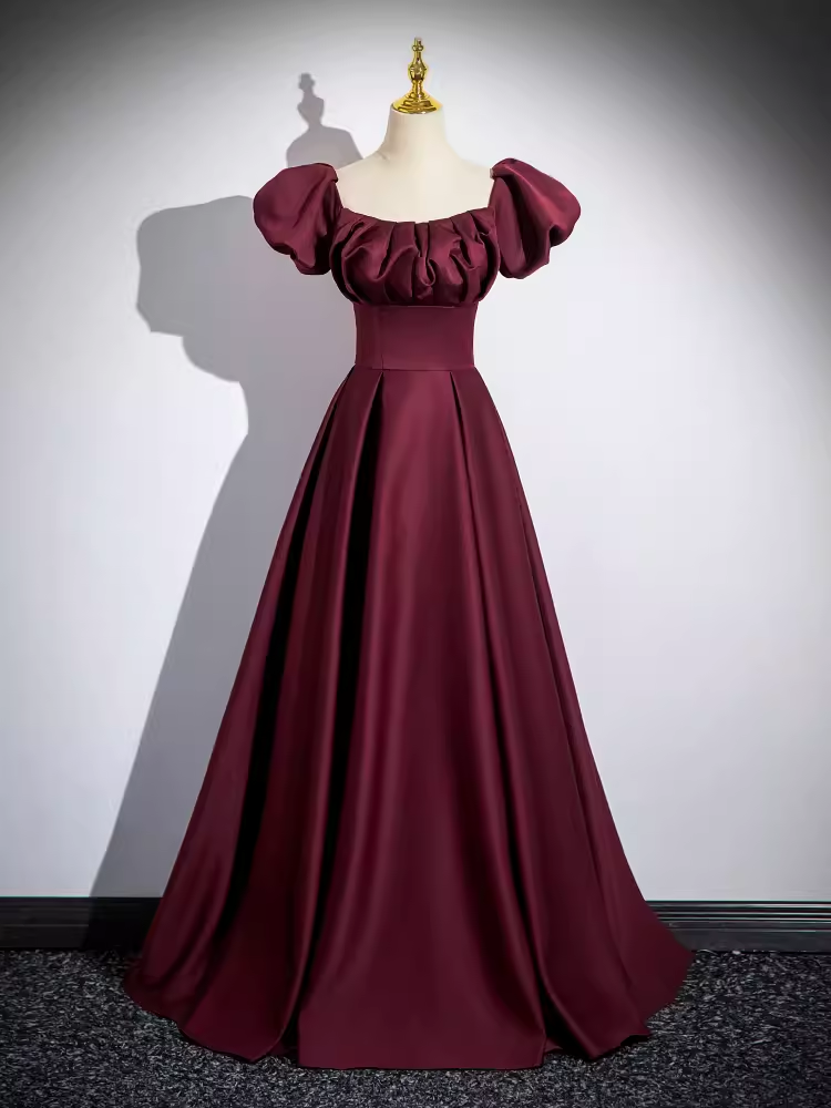 Simple A line Strapless Satin Burgundy Long Prom Dress