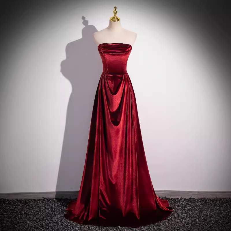 Simple A line Strapless Velvet Burgundy Long Prom Dress